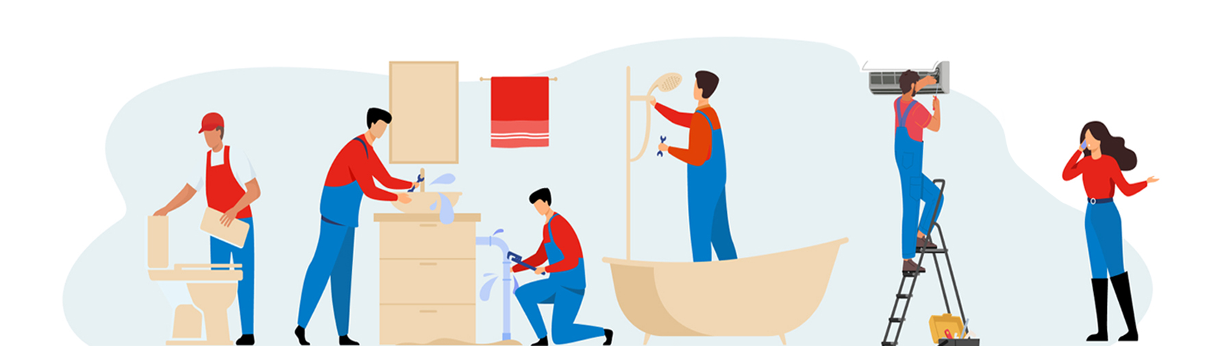 Illustrated repairmen working in a bathroom